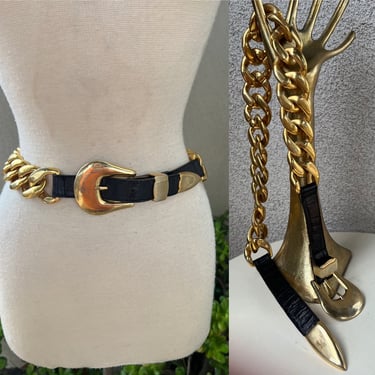 Vintage 80s glam belt golden chunky chain with black textured leather fits 28-30” BB Simon 