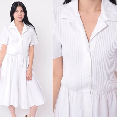 White Shirtdress 80s Button Up Dress Ribbed Knit Midi Knee Length Dress Retro Short Sleeve Elastic Waist Plain 1980s Vintage Small Medium 