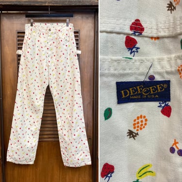 Vintage 1980’s w29 “Dee Cee” Atomic Fruit Print Cotton Denim Carpenter Pants Jeans, 80’s Workwear, Vintage Clothing 