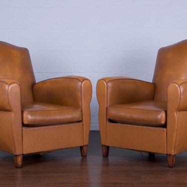 1950s French Art Deco Club Chairs W/ Brown Vinyl - A Pair 