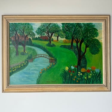 70's Mallde Lederman Rural Cottage Stream River Landscape oil Painting, Framed 