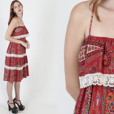 Vintage 70s Ethnic Paisley Floral Sun Dress Crochet Lace Boho Summer Red Mini 