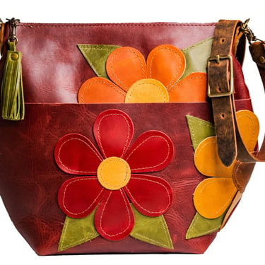 Limited Run Eco-Friendly Marie Leather Bag | Curved Boho Style Merlot With Tassel | Flower Power Merlot 