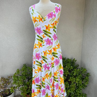 Vintage cotton Sun dress white neon floral print lace up back size Large by Illusions 