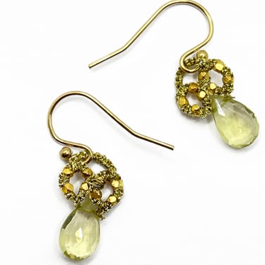 Danielle Welmond |  Woven Gold Cord and 14kt Gold Vermeil Bead Earrings with Lemon Quartz Drop
