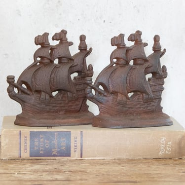 Ship Bookends, Free Shipping!, Pair of Vintage Nautical Cast Iron Sailing Ships Book Ends 