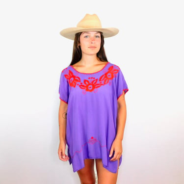 Mexican Tunic Blouse // vintage boho purple hippie Mexican hand embroidered dress hippy tunic // O/S 