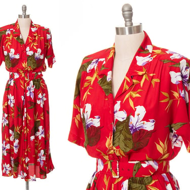 Vintage 1980s Shirt Dress | 80s does 1950s Lily Floral Print Red Rayon Full Skirt Pockets Shirtwaist Midi Day Dress (large/x-large) 