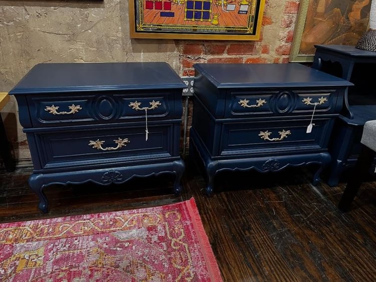 A pair! Blue painted two drawer nightstands by American of Martinsville. 26” x 17.5” x 23” 