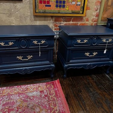 A pair! Blue painted two drawer nightstands by American of Martinsville. 26” x 17.5” x 23” 