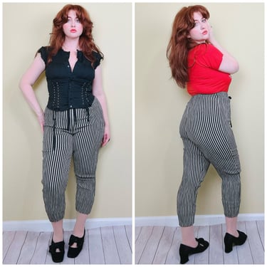 1990s Vintage Rayon Cropped Trousers / 90s Black Striped High Waisted Slim Cut Pants / Medium - Large 
