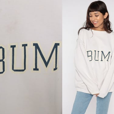 BUM Equipment Sweatshirt 90s Crewneck Streetwear Pullover White Spellout 1990s Long Sleeve Shirt Slouchy Vintage Oversized Men's Medium 