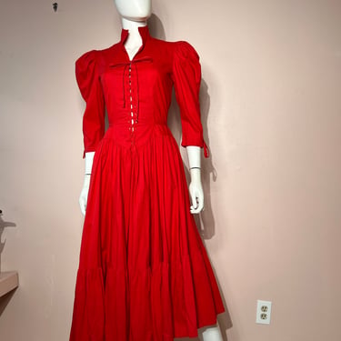 Vtg 1970s 80s Karen Alexander Red Cotton Prairie ruffle Dress 
