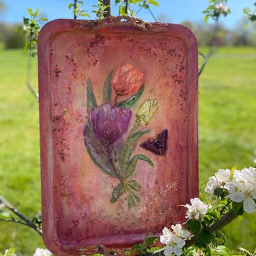 Vintage Hand Painted Floral Tray~ One Of A Kind ~ Upcycled Decorative Tray~ Vintage Hanging Wall Art ~ Vanity Tray 