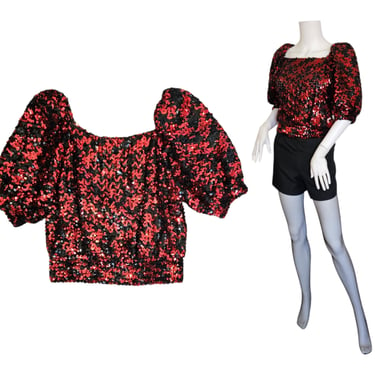 LRothschild 1980s Red Black Cropped Sequin Top I Shirt I Blouse I Sz Lrg 