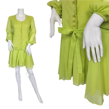 1960's Pale Lime Green Poly Cotton Mini Dress I Sz Med 