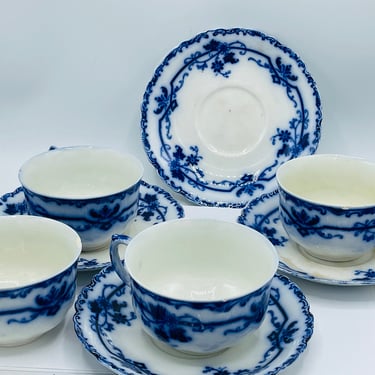 Antique Set of Four Johnson Brothers Oxford Cup & Saucers- Flow Blue 