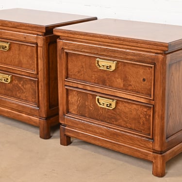 Thomasville Mid-Century Modern Hollywood Regency Chinoiserie Burl Wood Nightstands, Newly Refinished