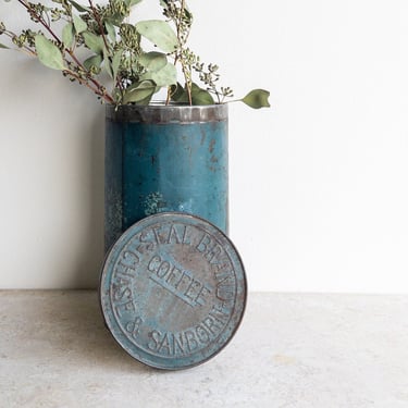 Antique Chase and Sandborn Tin Coffee Can | Turquoise Tin Can Tall Tin with Lid | Collectible Advertising Tin Seal Brand Antique Tea Tin 