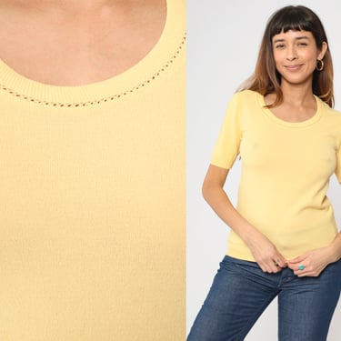 70s Yellow Knit Sweater ILGWU Union Made Short Sleeve Top Scoop Neck Plain Shirt Vintage 1970s Top Small 