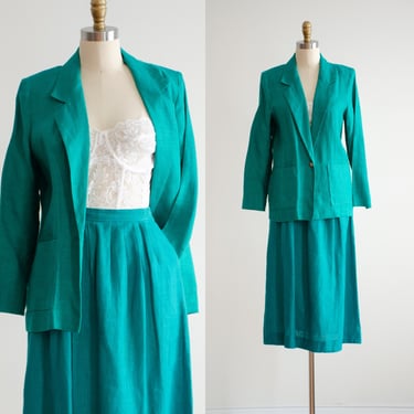 green linen suit 80s vintage David Brooks pleated midi skirt suit 