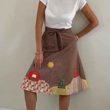 70s hand made appliqué wrap skirt / vintage handmade cotton appliqué scenic quilted wrap around midi skirt | Medium 