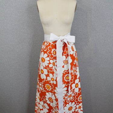 1960s 1970s Orange Floral Skirt by Point of View - Tropical, Hawaiian - Maxi Skirt - Resort Wear 