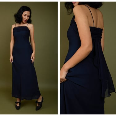 Vintage 1990s Navy Chiffon Full Length Spaghetti Strap Gown Dress w/ Hourglass Silhouette, Waterfall Ruffle Detail // Prom Cocktail Evening 