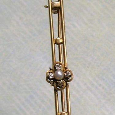 Antique 14K Gold Edwardian Bar Pin Brooch With Diamonds and Pearl, Antique 14k Gold Bar Pin (#4354) 