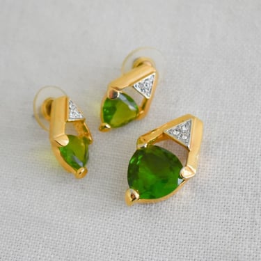 Vintage Green Rhinestone Pendant and Pierced Earrings Set 