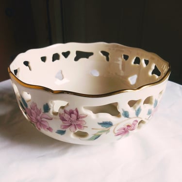 VINTAGE Lenox Barrington Collection Pierced Floral Bowl, Pink Flowers, Jewelry Dish, Home Decor 