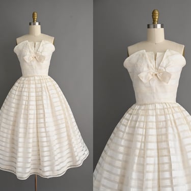 vintage 1950s Dress | Lorrie Deb Strapless Full Skirt Cupcake Wedding Party Dress | XS Small 