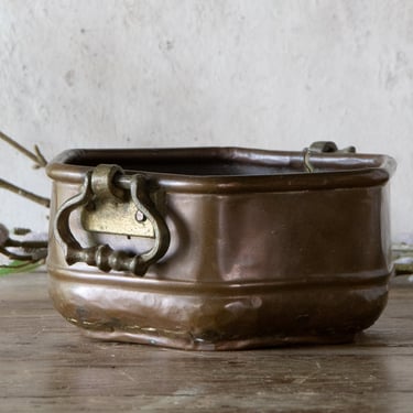 Antique Copper Pot, Primitive Copper Pot with Double Brass Handles, Copper Planter, Rustic Farmhouse Decor 