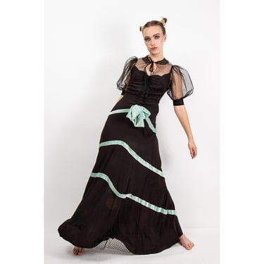 1930s dress with sheer net sleeves / Vintage black rayon crepe evening gown / XS S 