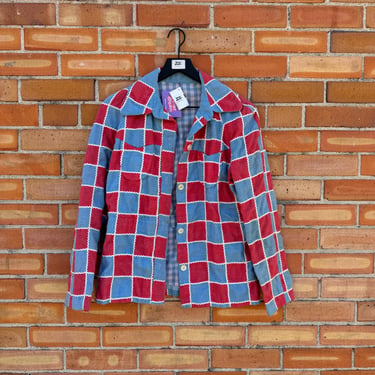 vintage 70s blue and red patchwork shirt jacket / s small 