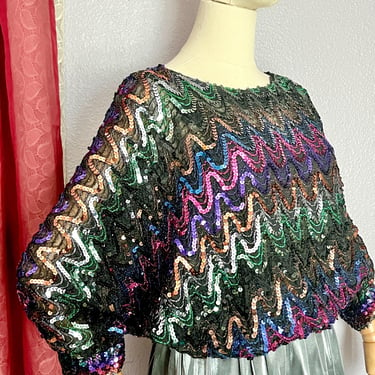 FABULOUS Sequin Top, Batwing, Slouch Style, Vintage 70s 80s, Bright Jewel Tones, Beaded, Size M 