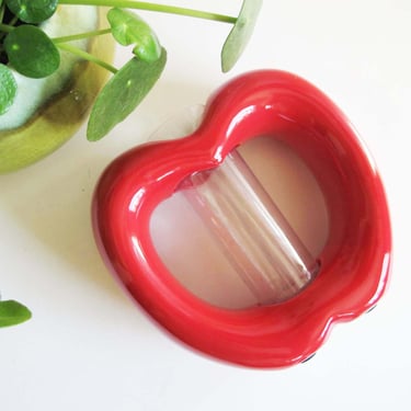 Vintage 80s Ceramic Bud Vase - Red Donut Vase - Orb Vase - Round Heart Apple Circle Vase - Plant Cutting Propagation Vessel 