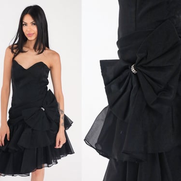 Vintage 80s After Five Black Velvet Strapless Bubble Dress – S