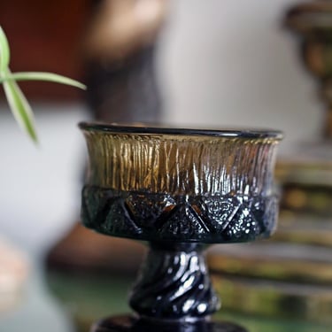 Vintage Heavy Textured Amber & Black Goblet | Pedestal Candle Holder | Mid Century Pressed Glass | MCM Bar Decor or Moody Shelf Styling 
