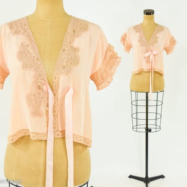 1930s French Lace Silk Bed Jacket | 30s Peach Silk & Lace Bed Jacket | Small 
