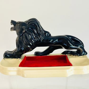 Vintage 1950s MCM Lion Sculpture Gentleman's Wardrobe Chest Trinket Watch Keys Ceramic Porcelain Velvet Tray 