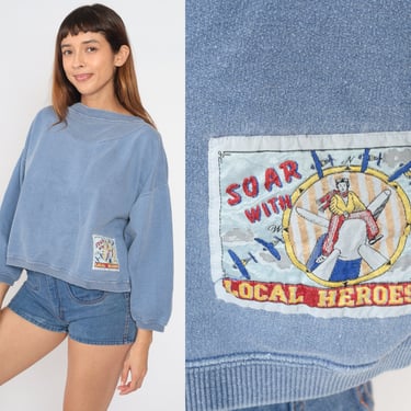 90s Plane Sweatshirt Blue Airplane Patch Sweatshirt Soar With Local Heroes Boatneck Slouchy 1990s Vintage Pullover Boxy Oversized Medium 