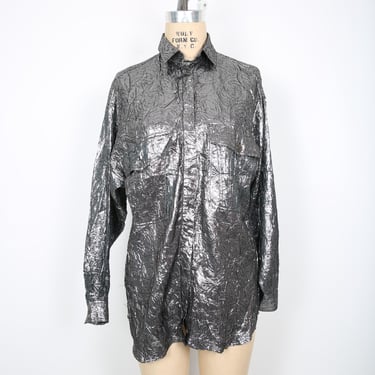 Vintage Blouse Shirt Shiny Silver Metallic Textured Shirt Blouse 