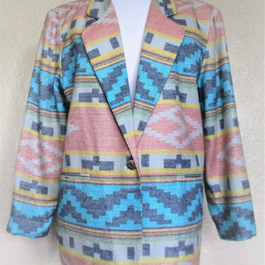 Vintage 1980s Blassport by Bill Blass Jacket, Large Women, Boho Cowgirl, multicolor Aztec pattern 