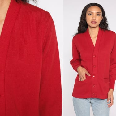 Red Cardigan Sweater 70s GRANDPA Button Up Slouchy Acrylic Knit Hipster Vintage 1970s Oversized Preppy Plain Retro Basic Layering Medium M 