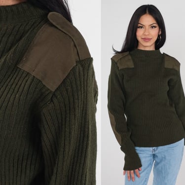 Wool Army Sweater Y2K Military Sweater Olive Drab Green Commando Pullover Elbow Patch Shoulder Epaulette Ribbed Plain Vintage 1980s Small 40 
