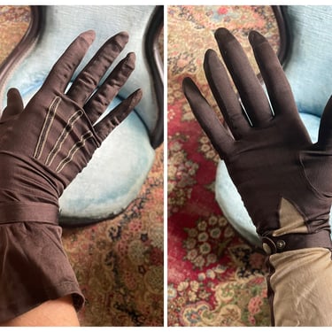 Authentic Edwardian silk gloves | elegant antique chocolate brown gloves, silk driving gloves, fits @ 7 -7.5 