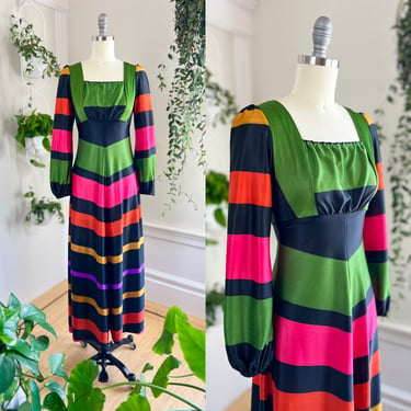 Vintage 1970s Maxi Dress | 70s Rainbow Striped Chevron Long Sleeve Full Length Colorful Black Statement Dress (x-small) 
