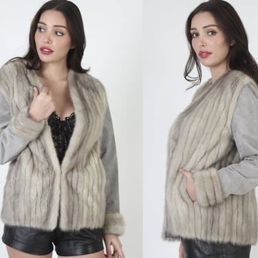 Casual Silver Mink Fur Cropped Jacket With Pockets, Vintage 60s Grey Soft Suede Coat, Striped Sleeve Cuff Pattern 