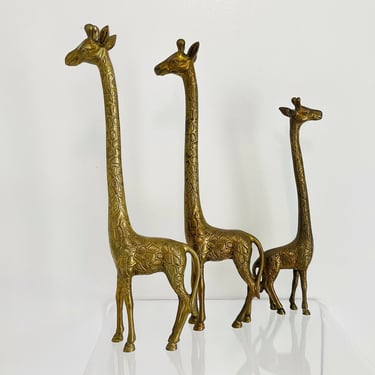 Vintage 1970s MCM Gold Tall Solid Brass Giraffes Trio Post Modern Art Sculptures Statue Set 18